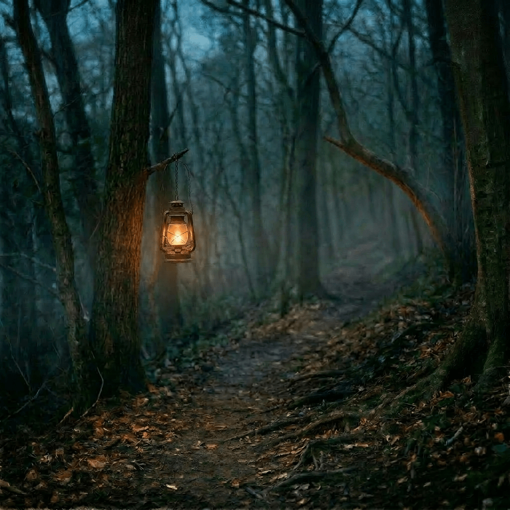 Woman walking on forest path carrying a lit lantern at dusk