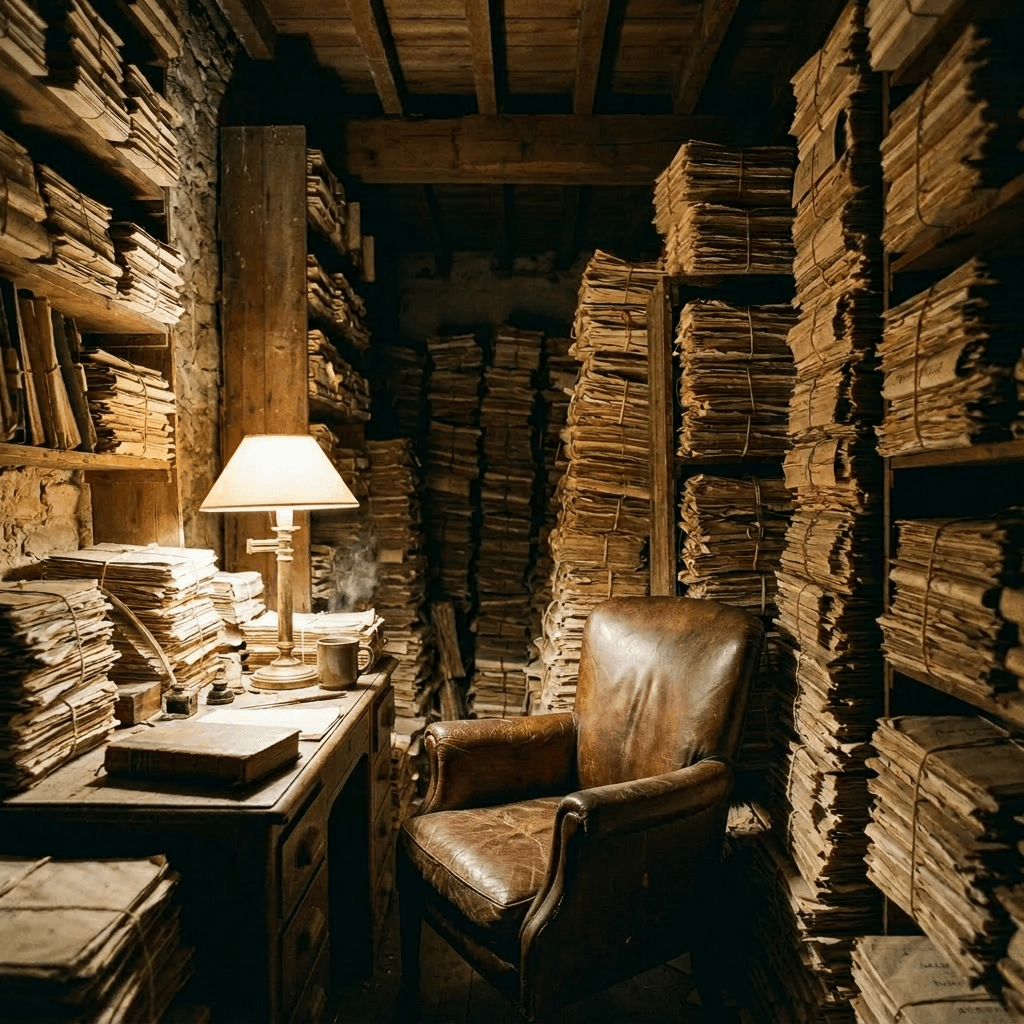 Stacks of old tied documents in an archive room with a wooden desk and lamp