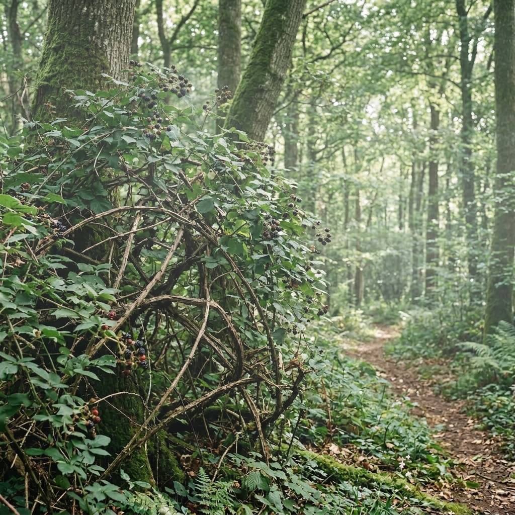 Forest path with blackberry bushes and tall moss-covered trees