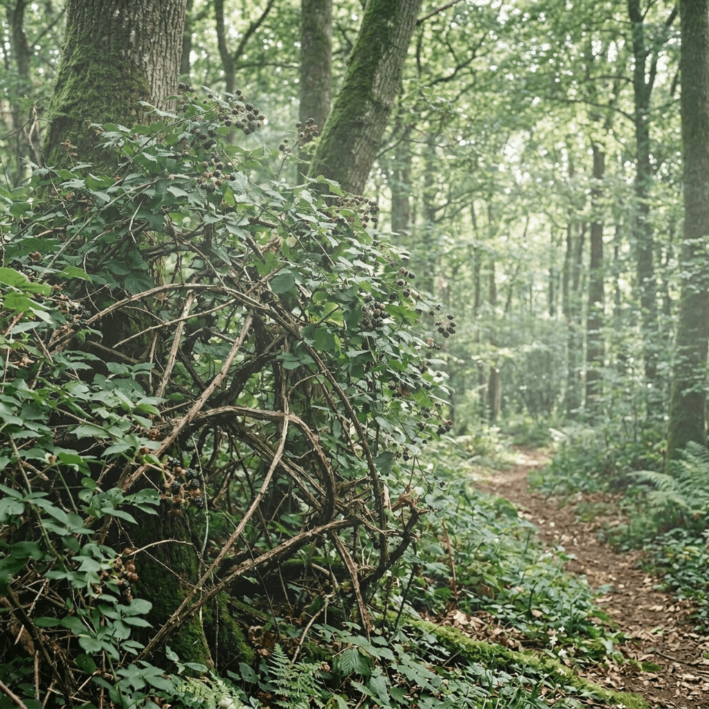 Forest path with blackberry bushes and tall moss-covered trees