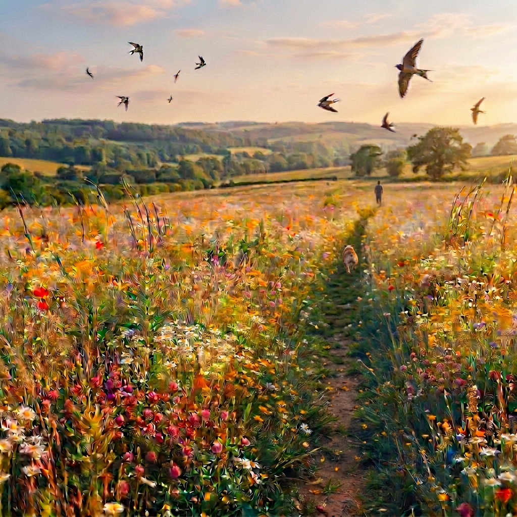 Dirt path through colorful wildflower meadow with rolling hills in background