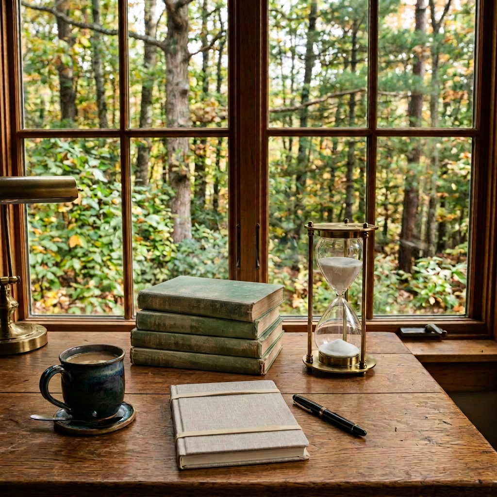 Desk with stack of nature books, open journal, pen, cup of coffee, plant, and hourglass by window