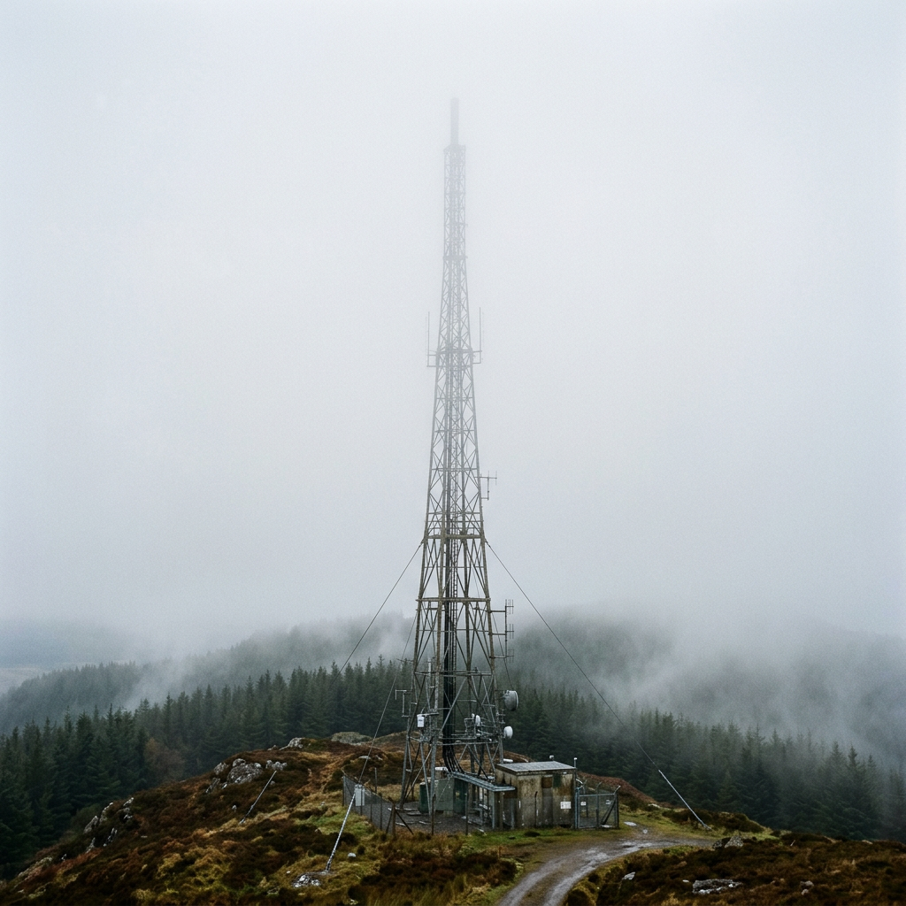 Tall communications tower on a foggy mountain ridge above an evergreen forest