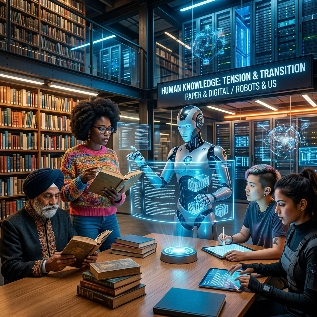 People reading and studying with a humanoid robot in a futuristic library