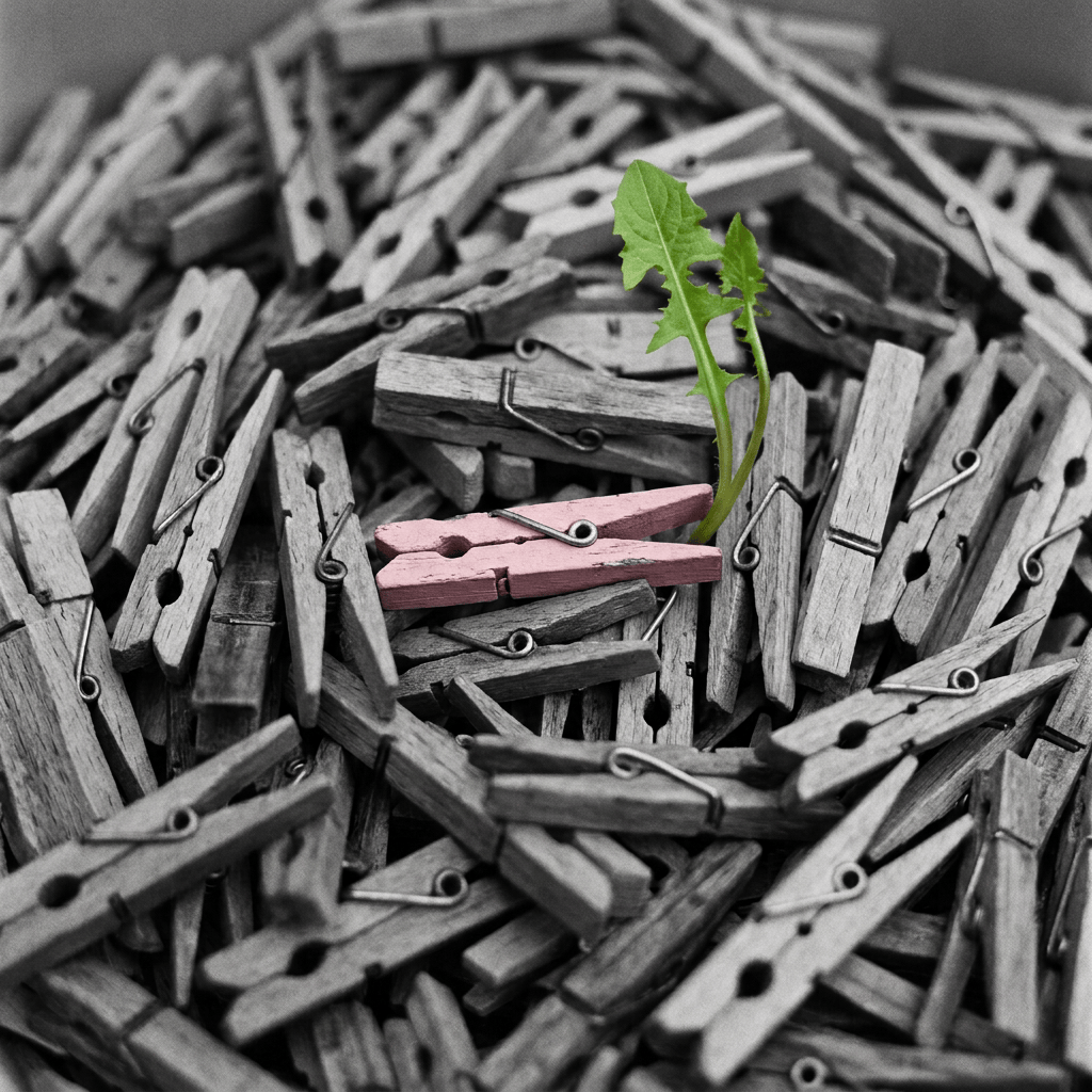 Two pink clothespins among a pile of wooden clothespins