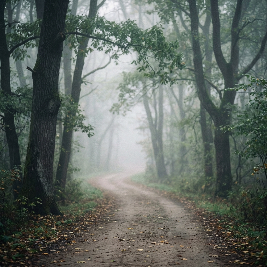 Person walking along a misty forest path beneath a Memory Lane sign