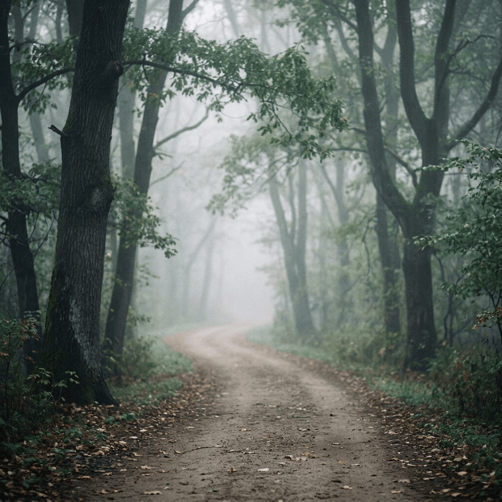 Person walking along a misty forest path beneath a Memory Lane sign
